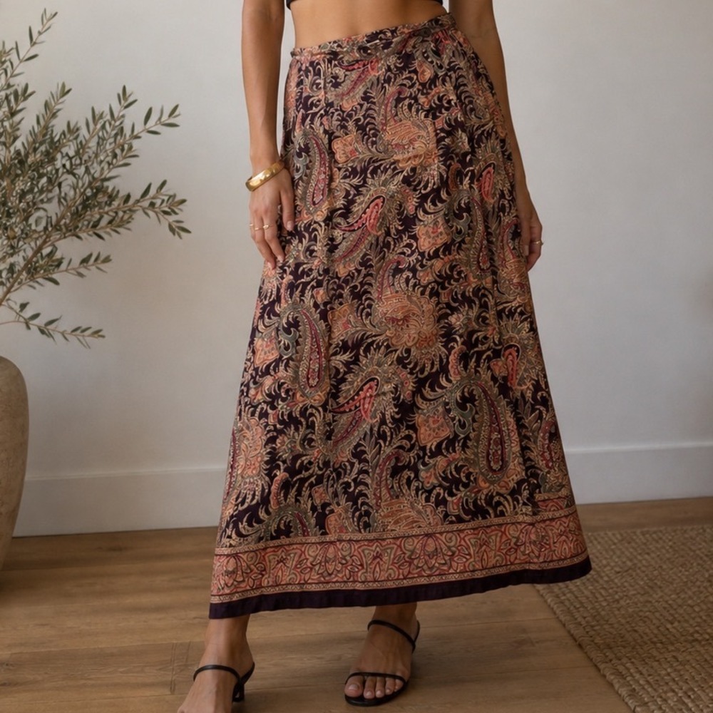Private Concepts Vintage Paisley Maxi‎ Skirt Burgundy Rayon Boho Size 12 b2